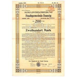 Gdańsk, Magistrat der Stadt Danzig, pożyczka 1909, obligacja 200 marek - RZADKOŚĆ