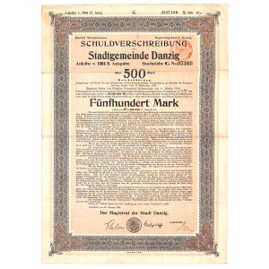 Gdańsk, Magistrat der Stadt Danzig, pożyczka 1904, 2 emisja, obligacja 500 marek - WIELKA RZADKOŚĆ
