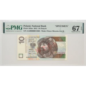10 złotych 2012 - WZÓR Nr 500 - AA 0000000 - PMG 67 EPQ - piękny numer wzoru