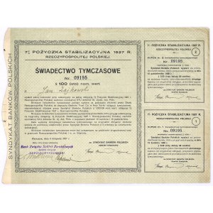 7% pożyczka stabilizacyjna 1927, świadectwo tymczasowe $100 - RZADKIE