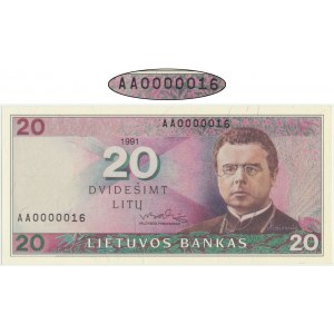 Lithuania, 20 litu 1991 - AA 0000016 - LOW SERIAL NUMBER