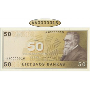 Litwa, 50 litu 1991 - AA 0000016 - NISKI NUMER