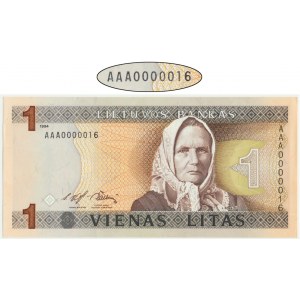 Lithuania, 1 lit 1994 - AAA 0000016 - LOW SERIAL NUMBER