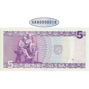 Lithuania, 5 litu 1993 - GAA 0000016 - LOW SERIAL NUMBER