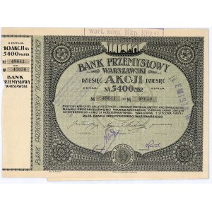 Bank Przemysłowy Warszawski S.A., 10 akcji na okaziciela 5400 marek polskich, Warszawa 1 stycznia 1921