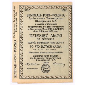 GENERALI-PORT-POLONIA Zjednoczone Tow. Ubezpieczeń, 10x 100 złotych 1938