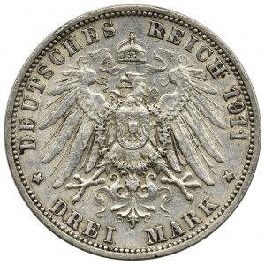Germany, Wirtemberg, Wilhelm II, 3 mark Stuttgart 1911 F