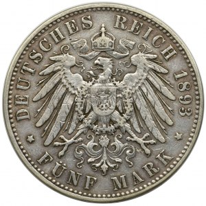 Germany, Saxony, Albert, 5 mark Muldenhütten 1893 E