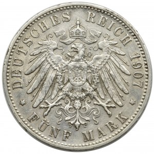 Germany, Württemberg, Wilhelm II, 5 mark Stuttgart 1907 F