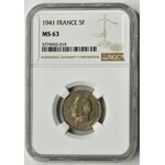 Francja, Vichy, Marszałek Petain, 5 franków Paryż 1941 - NGC MS63 - RZADKIE