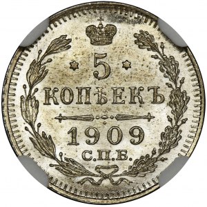 Russia, Nicholas II, 5 Kopecks Petersburg 1909 СПБ ЭБ - NGC MS67+ - TOP POP