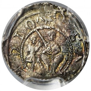 Władysław II Wygnaniec, Denar - Walka z lwem - PCGS MS63