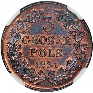 November Uprising, 3 groschen Warsaw 1831 KG - NGC UNC