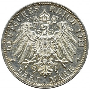 Germany, Wirtemberg, William II, 3 mark Stuttgart 1911 F