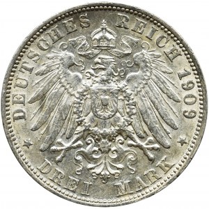 Niemcy, Wirtembergia, Wilhelm II, 3 marki Stuttgart 1909 F