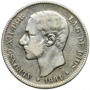 Hiszpania, Alfons XII, 5 peset Madryt 1884 MS-M