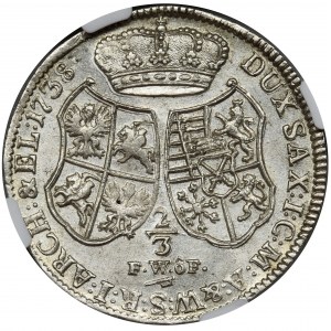 August III Sas, Gulden (2/3 talara) Drezno 1738 FWóF - NGC MS60 - PIĘKNY i RZADKI