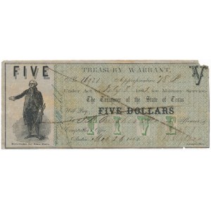 USA, TEXAS Treasury Warrant, 5 dolars 1862