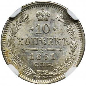 Rosja, Aleksander II, 10 Kopiejek Petersburg 1861 СПБ - NGC MS62