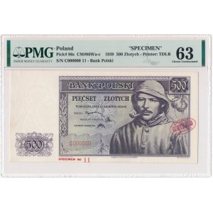 500 złotych 1939 WZÓR De La Rue & Co Ltd - C 000000 - Specimen No 11 - PMG 63 - UNIKAT