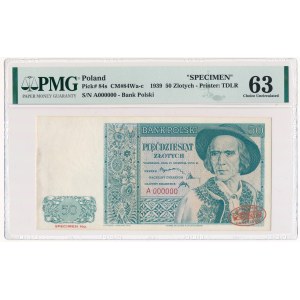 50 złotych 1939 WZÓR De La Rue & Co Ltd - A 000000 - Specimen No - PMG 63 - UNIKAT