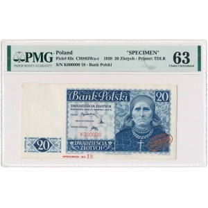 20 złotych 1939 WZÓR De La Rue & Co Ltd - K 000000 - Specimen No 18 - PMG 63 - UNIKAT