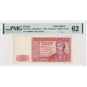10 złotych 1939 WZÓR - A 000000 - perforacja CANCELLED - PMG 62 - UNIKAT
