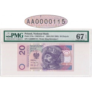 20 złotych 1994 - AA 0000115 - PMG 67 EPQ - niski numer