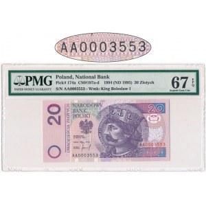 20 złotych 1994 - AA 0003553 - PMG 67 EPQ