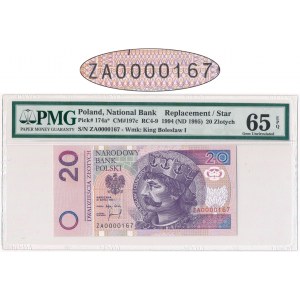 20 złotych 1994 - ZA 0000167 - PMG 65 EPQ - seria zastępcza i bardzo niski numer