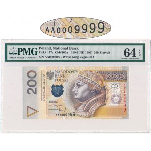 200 złotych 1994 - AA 0009999 - PMG 64 EPQ - niski, piękny numer