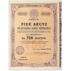 Wileński Bank Ziemski S.A., 5 akcji na okaziciela po 150 zł, em. I, 1937
