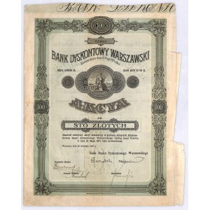 Bank Dyskontowy Warszawski akcja na 100 zł, 1926