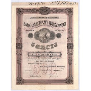 Bank Dyskontowy Warszawski 5 akcji po 100 zł, 1926
