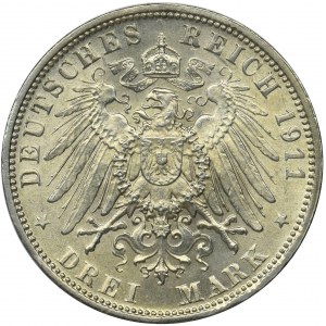 Germany, Bavaria, Regent Luitpold, 3 mark Munich 1911 D