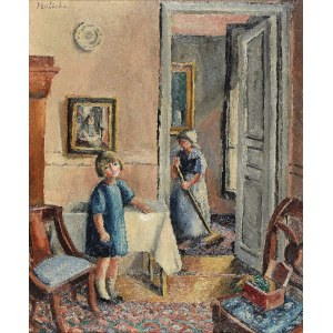 Alicja HALICKA (1894-1975), Wnętrze domu artystki z portretem córki