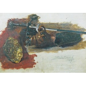 Henryk RODAKOWSKI (1823-1894), Studia hełmu, średniowiecznego miecza i srebrnej, barokowej patery, 1889