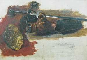 Henryk RODAKOWSKI (1823-1894), Studia hełmu, średniowiecznego miecza i srebrnej, barokowej patery, 1889