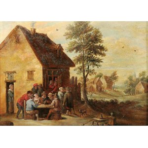Malarz nieokreślony, w typie malarstwa holenderskiego XVII w., Scena rodzajowa przed karczmą, XIX w.