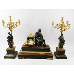 Firma zegarmistrzowska JAPY FRERES & Cie (zał. 1806), Zegar kominkowy z figurą uczonego i parą kandelabrów