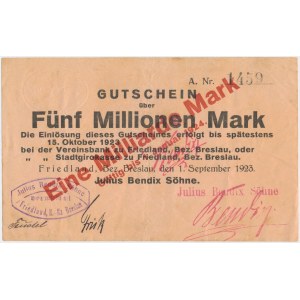 Friedland Bez. Breslau (Mieroszów), 5 mln mk 1923 PRZEDRUK na 1 mld mk 1924