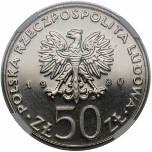 Próba NIKIEL 50 złotych 1980 Chrobry - napis nad