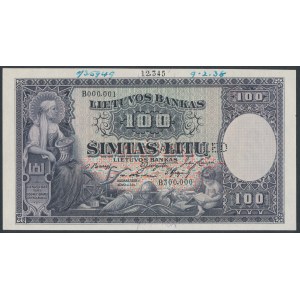 Litwa, 100 Litu 1928 - SPECIMEN (WZÓR technologiczny)