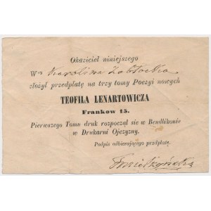 Przedpłata na trzy tomy poezji Teofila Lenartowicza, 15 franków