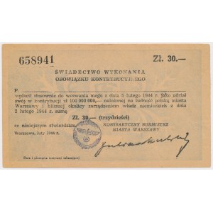 Świadectwo Kontrybucji 30 złotych 1944 - niemiecka pieczątka