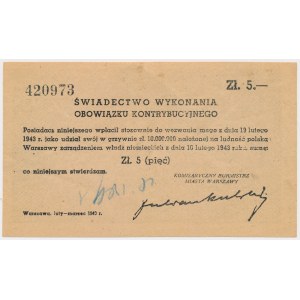 Świadectwo Kontrybucji 5 złotych 1943