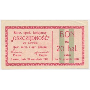 Lwów, Stow. spoż. kolejarzy OSZCZĘDNOŚĆ, 20 halerzy 1919