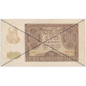 100 złotych 1940 - egzemplarz okazowy - skreślony i ze stemplami MUSTER