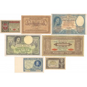 Zestaw banknotów, marki polskie i złotówki 1916-1936 (7szt)
