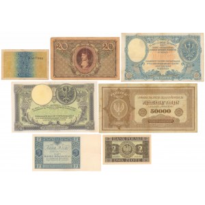 Zestaw banknotów, marki polskie i złotówki 1916-1936 (7szt)